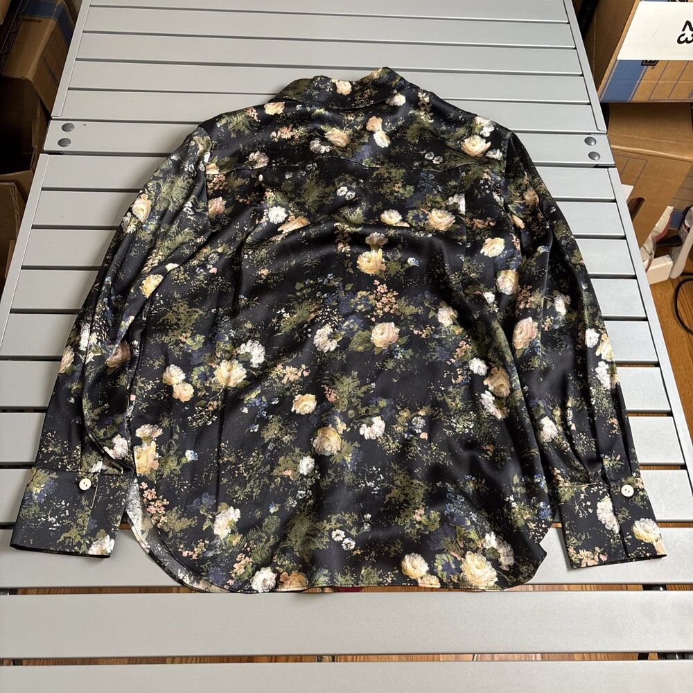 Vince Blouse Womens Size XS Floral 100% Silk Black Long Sleeve Collared - Picture 8 of 9